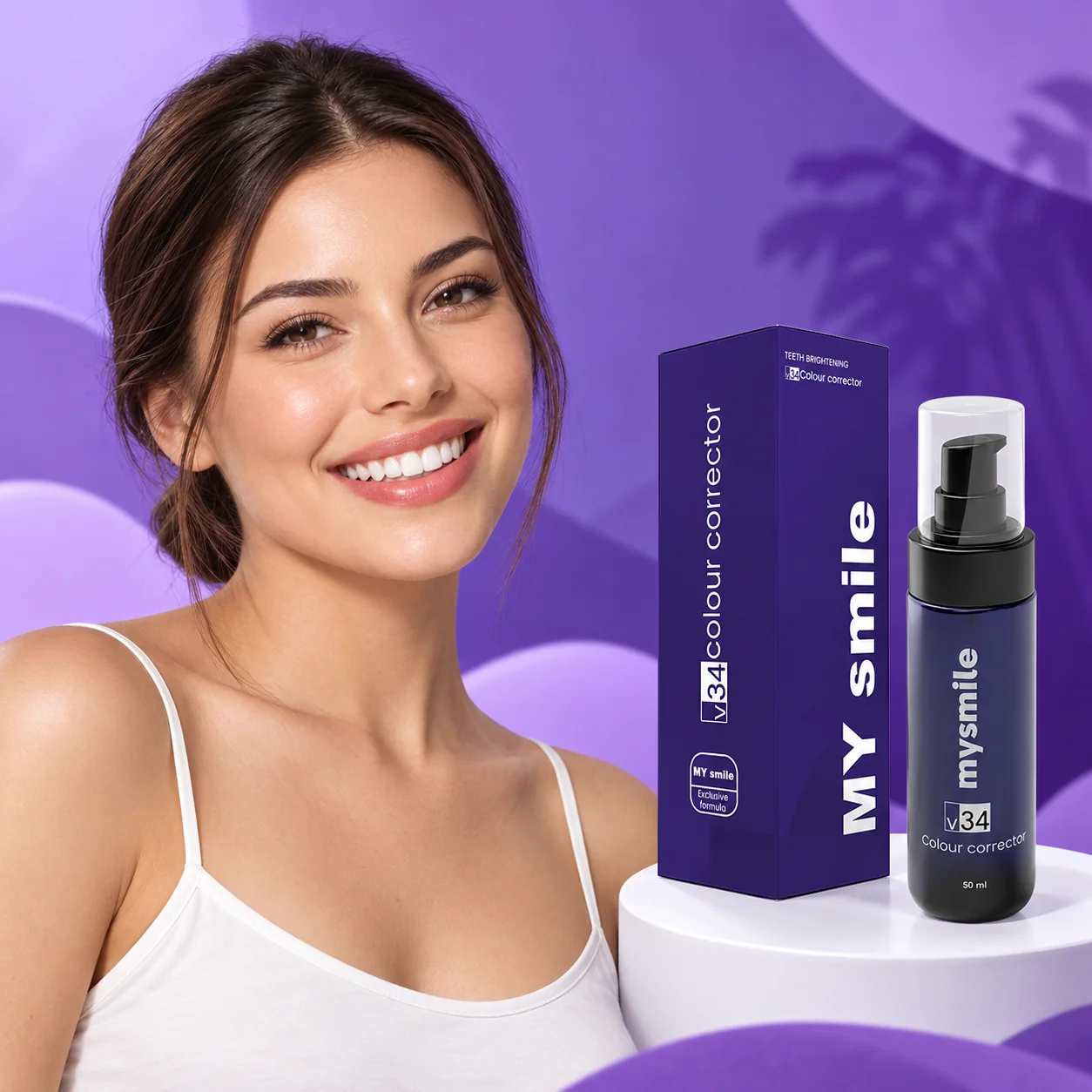 سيدة مبتسمة بجانب منتج My Smile V34 على قاعدة بيضاء