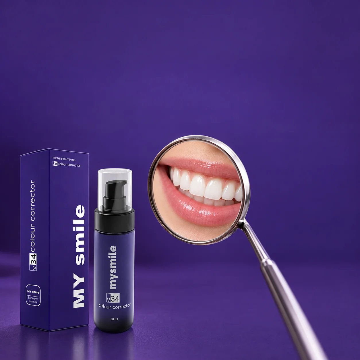 علبة وقارورة My Smile V34 باللون البنفسجي بجانب مرآة أسنان